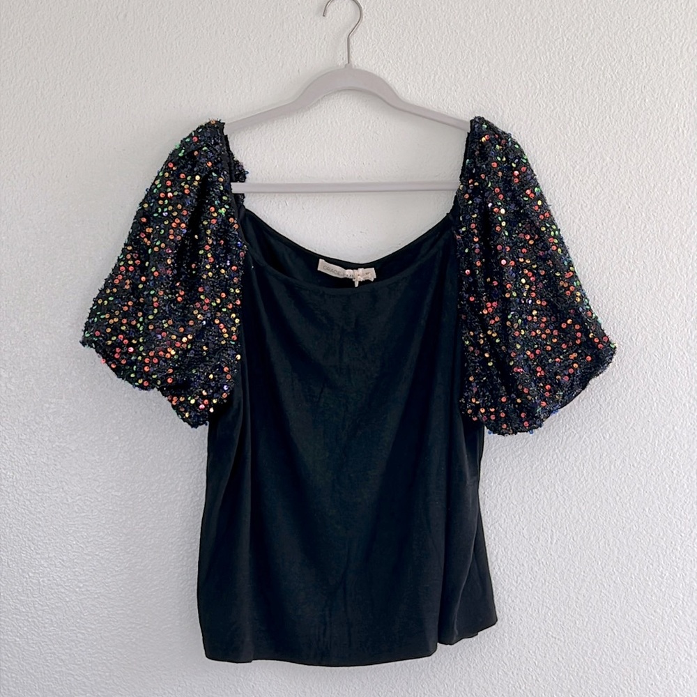 Black sequin puff sleeve off shoulder top, size 2X
